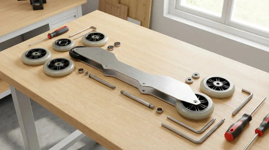 Platine roller longue en aluminium et roues disposées sur un établi d'atelier