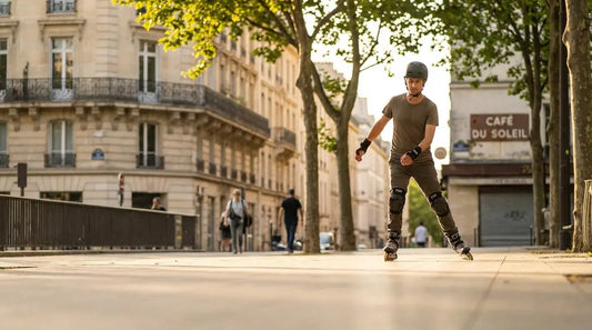 Patineur en roller équipé de protections glissant sur une promenade urbaine en France