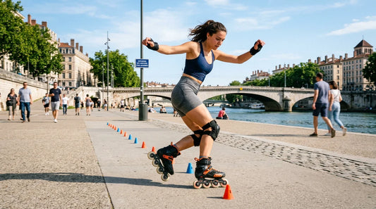 Rider en roller freestyle en plein mouvement dans un espace urbain