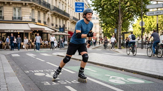 Patineur en rollers en ligne roulant sur une piste cyclable urbaine
