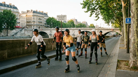 Groupe de patineurs en roller équipés de protections complètes sur un parcours urbain en France