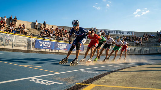 Patineurs de vitesse en course sur une piste extérieure en été