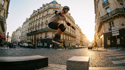 Patineur en roller en plein saut sur un parcours urbain en France