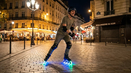 Patineur en roller équipé de protections et roues lumineuses LED roulant de nuit dans une ville française