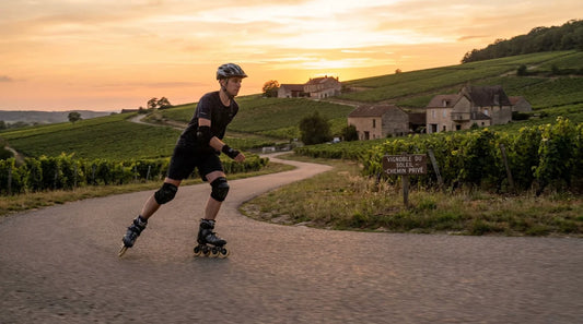 Patineur en roller de randonnée sur une piste cyclable dans la campagne française au coucher du soleil