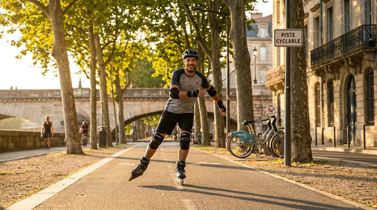 Patineur en skates roller sur une piste cyclable urbaine en France au coucher du soleil
