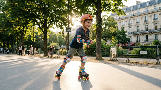 Garçon en roller quad avec protections dans un parc français