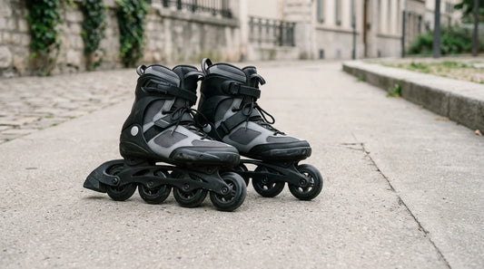 Paire de chaussures de roller en ligne posées sur un sol urbain