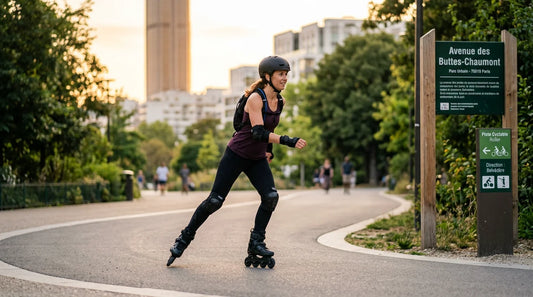 Patineur en roller en ligne glissant sur une voie urbaine au coucher du soleil
