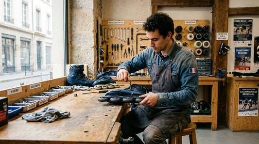 Patineur réglant la platine de son roller en ligne dans un atelier