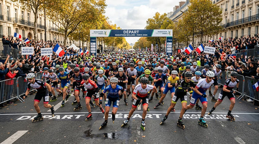 Départ d'un grand marathon roller sur une large avenue urbaine