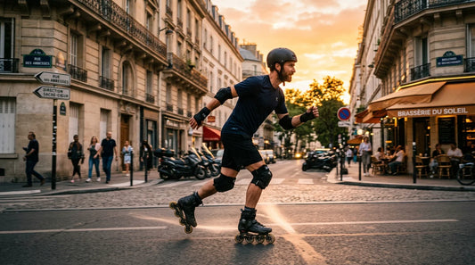 Homme adulte patinant en roller urbain dans une rue au coucher du soleil