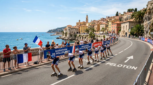 Peloton de patineurs de vitesse lors d'un marathon roller dans une ville côtière méditerranéenne