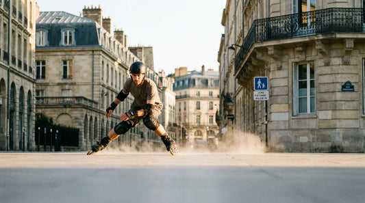 Patineur en roller freeride effectuant un dérapage spectaculaire sur un sol urbain en France