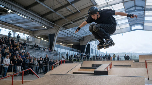 Compétition de roller agressif dans un skatepark couvert à Eindhoven