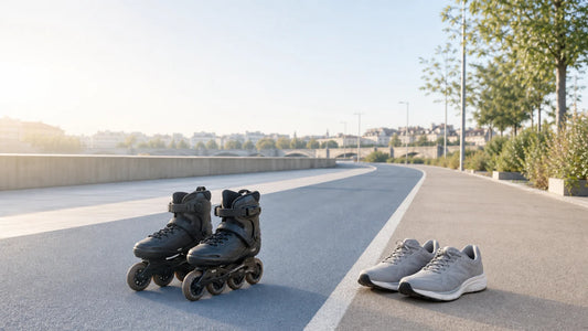 Rollers et chaussures de course placés sur un chemin pour comparer les deux activités