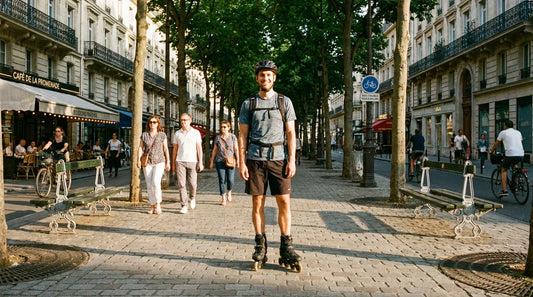 Homme équipé de rollers en ligne sur une promenade urbaine en France