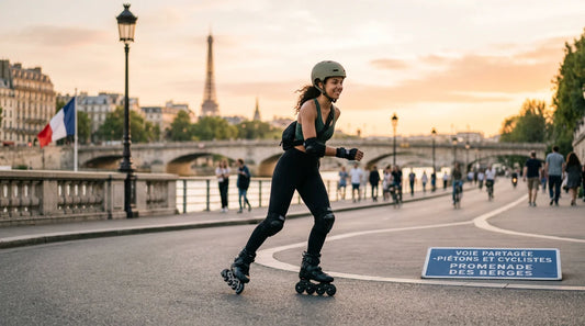 Patineur en roller freeskate roulant sur une promenade urbaine au coucher du soleil