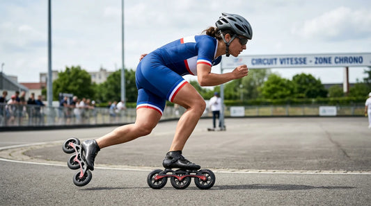Patineur de vitesse en pleine poussée sur une piste de roller course