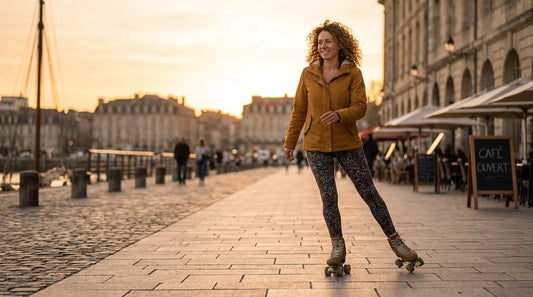 Femme en rollers quad à 4 roues sur une promenade urbaine en France au coucher du soleil