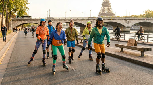 Groupe de patineurs en roller fitness sur une piste cyclable le long de la Seine à Paris