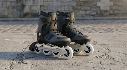 Rollers en ligne avec roues visibles posés sur un sol urbain en France