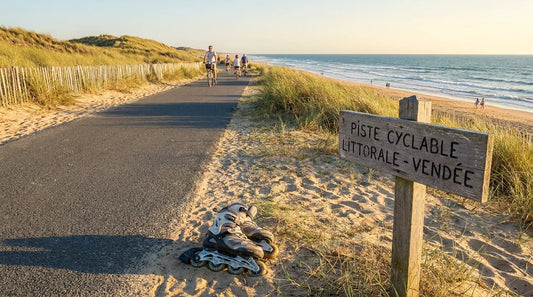 Piste cyclable du littoral vendéen avec des rollers en ligne posés au bord du chemin