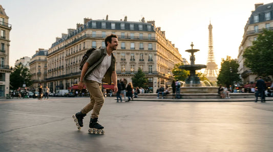 Patineur en roller sur une esplanade urbaine en France