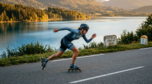 Patineur de vitesse en action sur une route au bord d'un lac de Mazurie