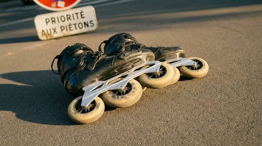 Paire de rollers en ligne montés en configuration banane sur asphalte