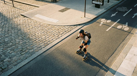 Patineur en roller sur asphalte urbain avec différents revêtements de sol en arrière-plan