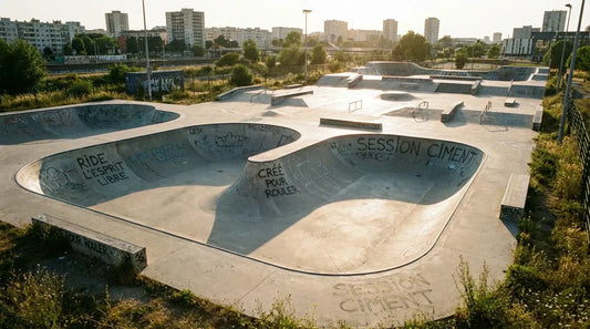 Skatepark extérieur en béton avec bowls et modules street en France