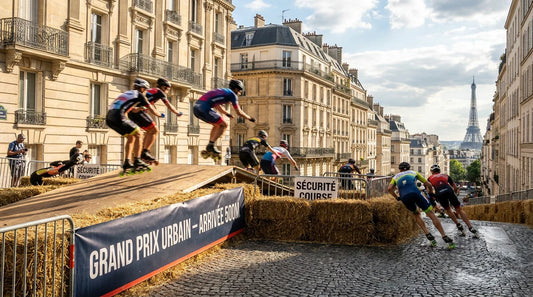 Course de skate cross en roller sur un parcours urbain en France avec obstacles et rampes