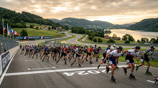 Départ d'une course de roller de vitesse sur un circuit fermé au lever du soleil