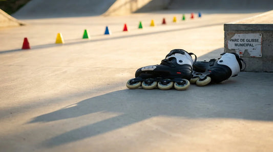 Rollers freestyle posés sur le sol d'un skatepark avec des cônes de slalom en arrière-plan