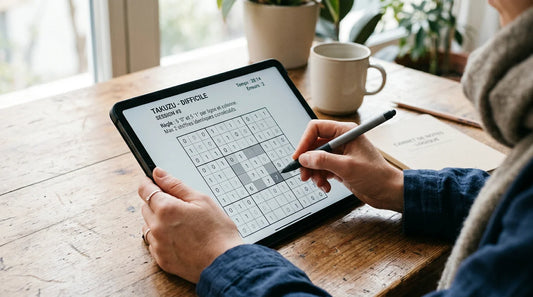 Un ordinateur portable et un smartphone affichant une grille de sudoku sur un bureau lumineux