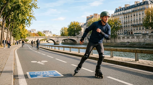 Patineur portant un équipement de protection complet en roller en ville