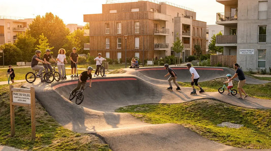 Vue aérienne d'un pumptrack moderne en France avec des riders en roller, vélo et trottinette
