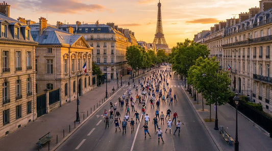 Groupe de patineurs en roller sur un boulevard parisien au coucher du soleil avec vue sur la Tour Eiffel