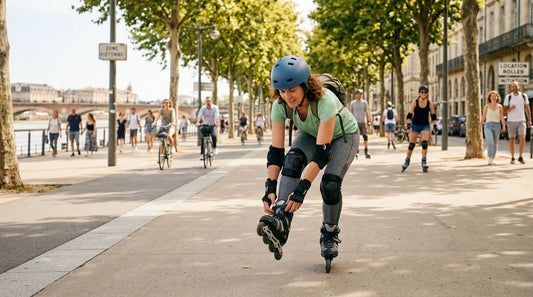 Adulte débutant s'initiant au roller en ligne sur une promenade urbaine en France