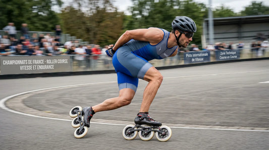 Homme en pleine action sur des rollers de vitesse sur une piste