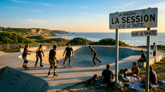 Skatepark en béton en bord de côte atlantique avec des riders en roller agressif au coucher du soleil