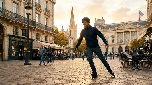 Patineur en roller freeride traversant une place urbaine