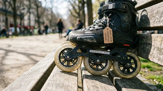 Rollers en ligne avec grandes roues posés sur un banc dans un parc urbain