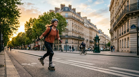 Patineur en rollers dans une avenue parisienne au coucher du soleil