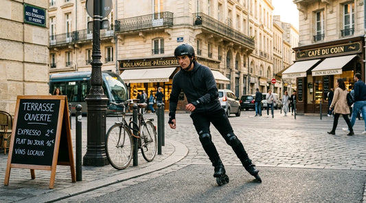 Patineur de freeride roller en mouvement dans une rue française