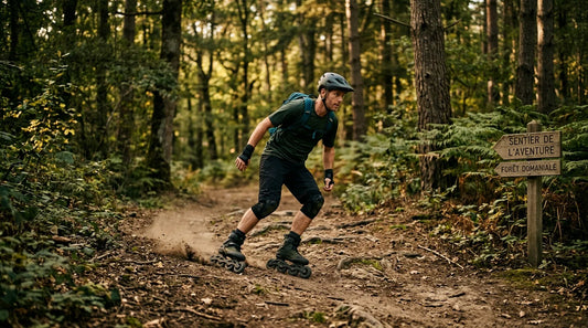 Patineur en roller tout terrain sur un chemin de terre en forêt à la lumière dorée
