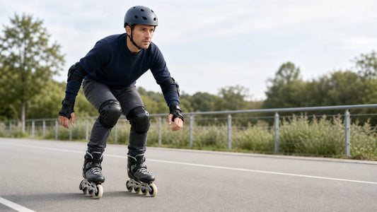 Débutant en rollers en ligne adoptant une posture stable avec ses protections