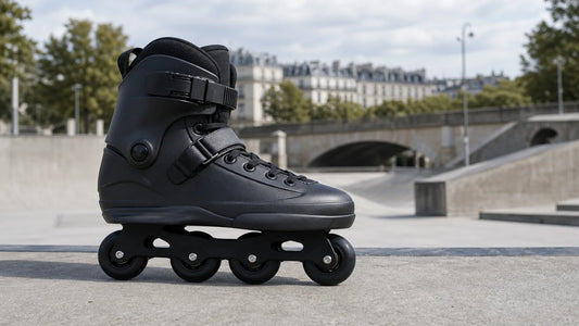 Roller street en ligne posé près d’un skatepark urbain