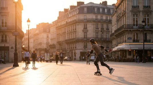 Patineur en roller exécutant un déplacement en marche arrière sur une esplanade française